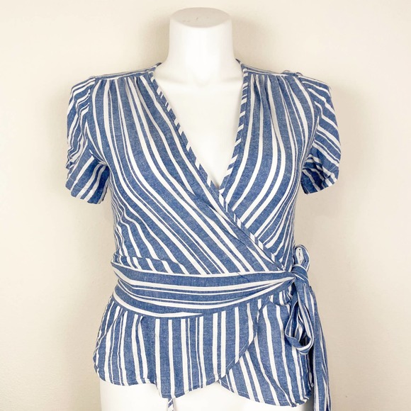Max Studio Tops - Max Studio Blue Striped Wrap Blouse Medium